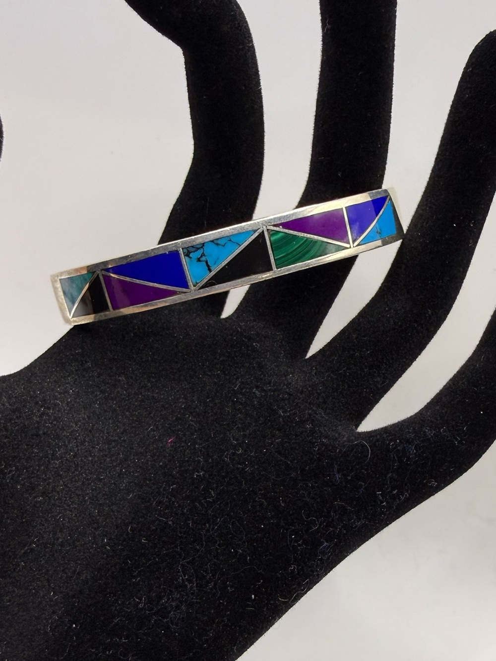 Vintage Sterling Silver Turquoise, Malachite, Onyx Lapis, Geometric Bangle Brace